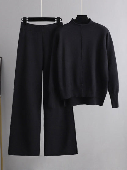 Ensemble deux pièces élégant avec pull à manches longues, col roulé et pantalon large 