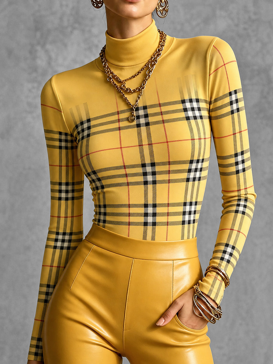 Plaid Contrast Color Skinny Long Sleeves High-neck T-Shirts Tops