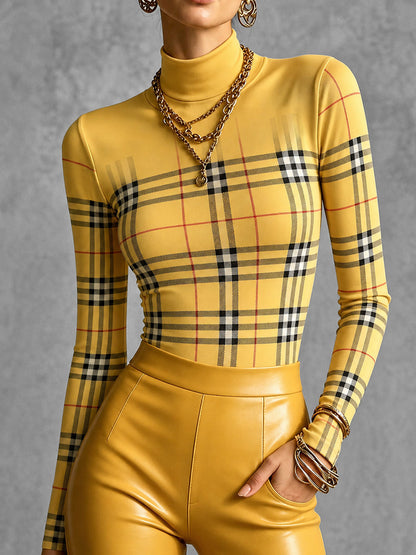 Plaid Contrast Color Skinny Long Sleeves High-neck T-Shirts Tops