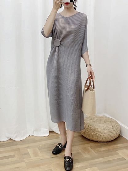 Half Sleeves Irregular Clipping Pleated Solid Color Round-Neck Midi Dresses