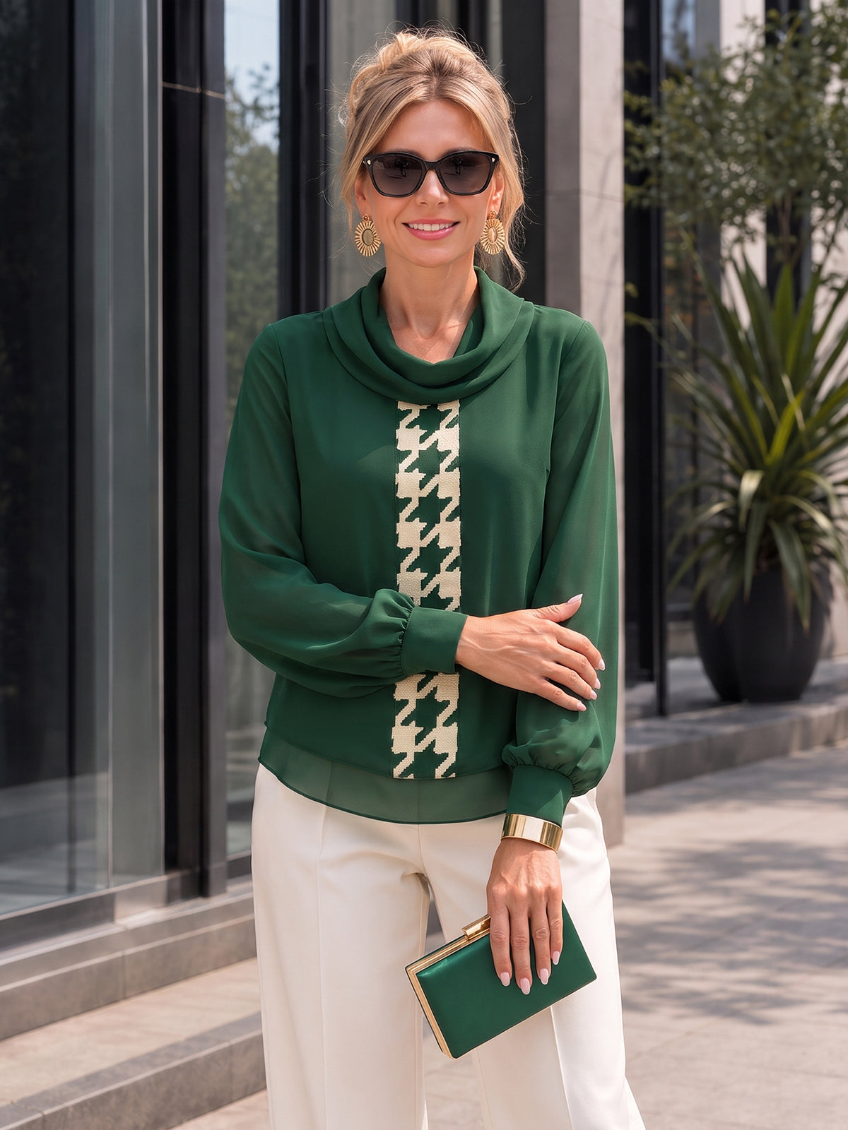 Split-Joint See-Through Houndstooth Contrast Color Puff Sleeves Long Sleeves Heaps Collar Blouses&shirts Tops