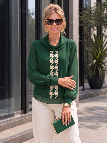 Split-Joint See-Through Houndstooth Contrast Color Puff Sleeves Long Sleeves Heaps Collar Blouses&shirts Tops