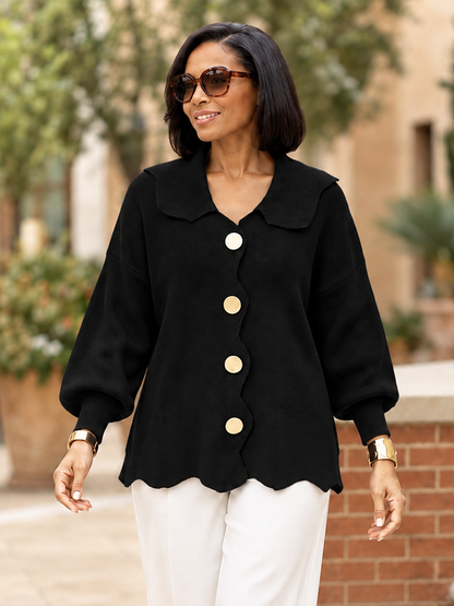 Solid Color Ribbed Knit Buttoned Asymmetric Plus Size Loose Lapel Cardigan Tops