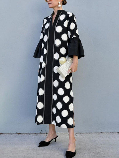 Flared Sleeves Three-Quarter Sleeves Polka-Dot Split-Side V-Neck Maxi Dresses