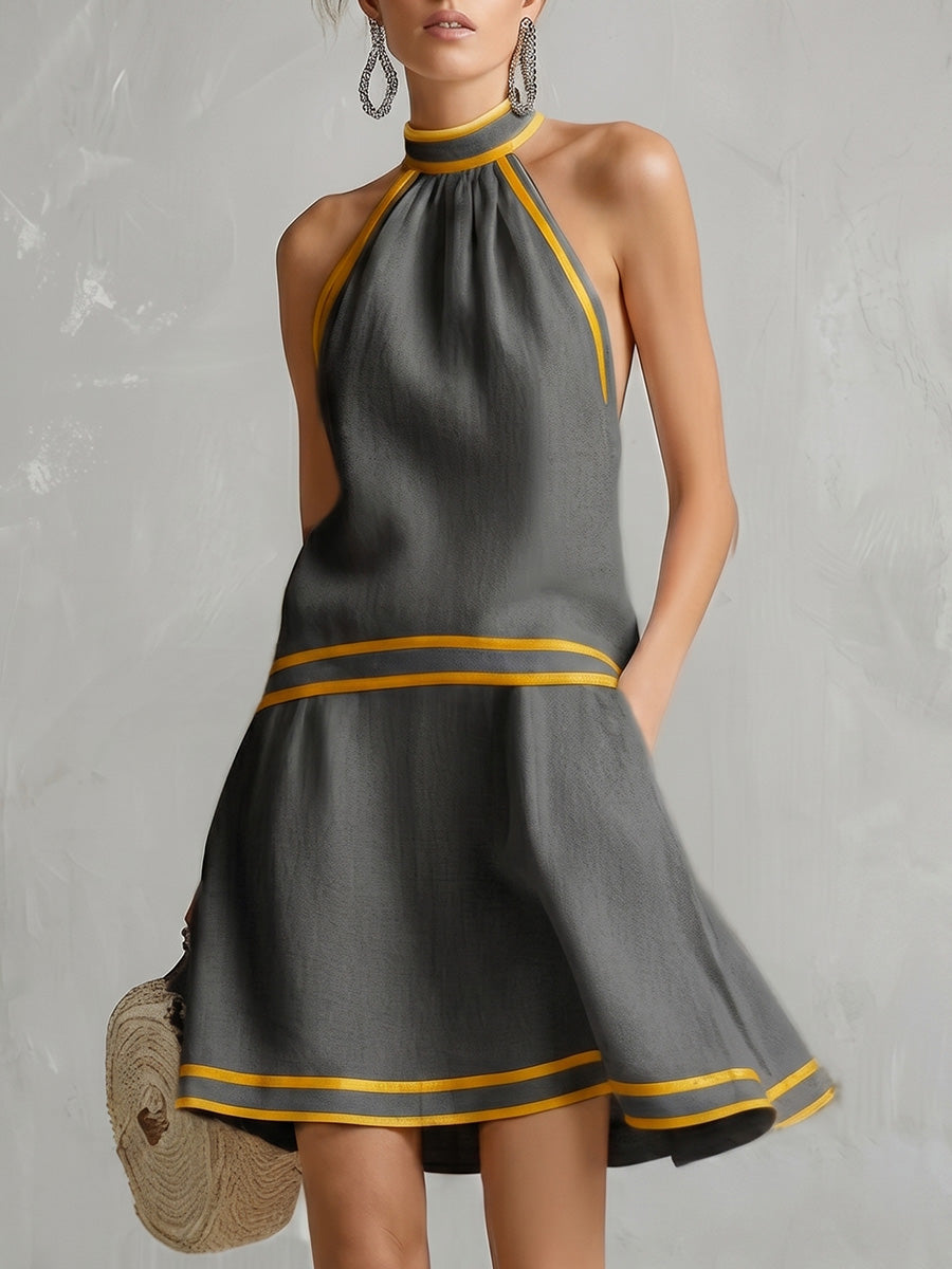 A-Line Sleeveless Contrast Color Pockets Zipper Halter-Neck Mini Dresses
