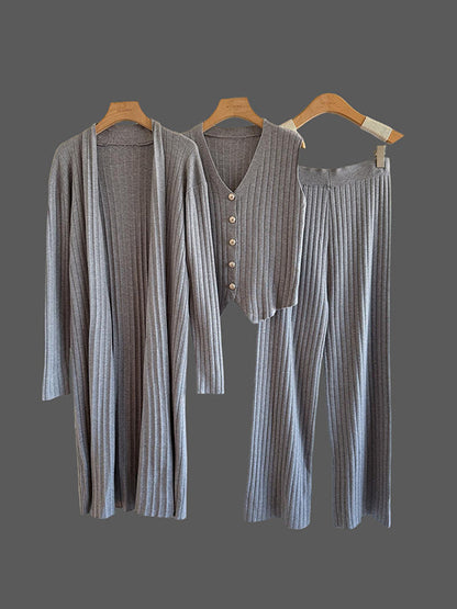 Knitting Sleeveless V-Neck Vest Top +  Long Sleeves Cardigan + High Waisted Pants Three Pieces Set