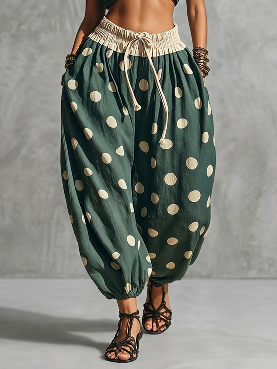 High Waisted Wide Leg Contrast Color Drawstring Elasticity Pockets Polka Dot Ankle-Tied Pants Trousers