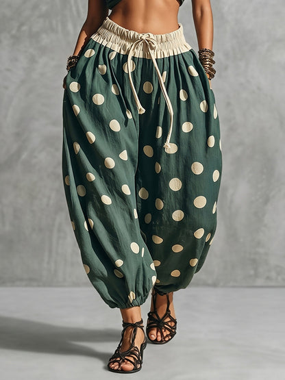 High Waisted Wide Leg Contrast Color Drawstring Elasticity Pockets Polka Dot Ankle-Tied Pants Trousers