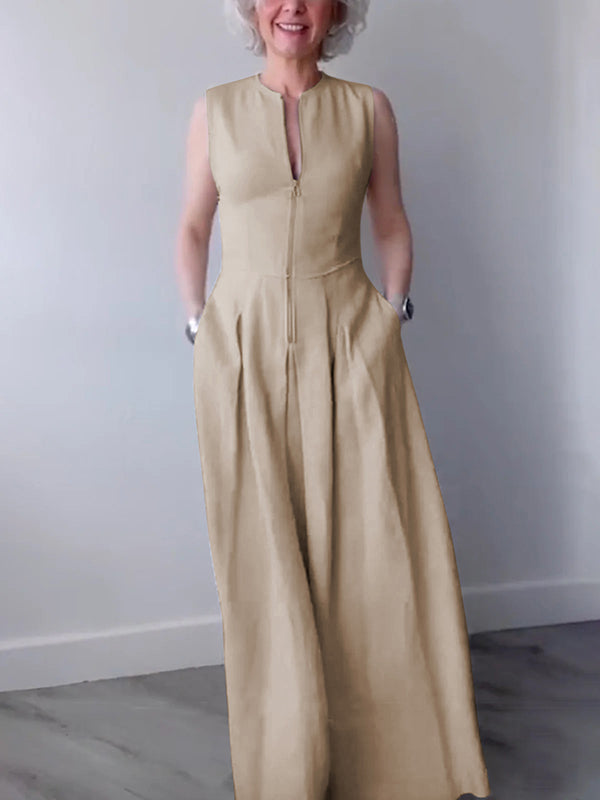 Robe longue trapèze ample à poches plissées, fermeture éclair fendue et col rond 