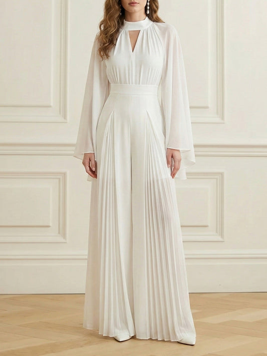 Elasticated Waist Flared Sleeves Hollow Pleated Solid Color Split-Joint Round-Neck Jumpsuits