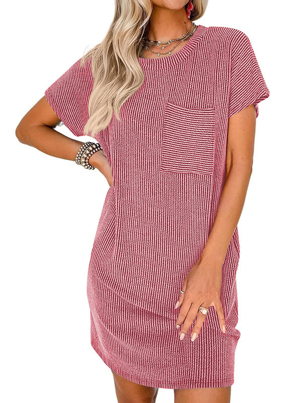 A-Line Loose Contrast Color Pockets Split-Joint Striped Round-Neck Mini Dresses