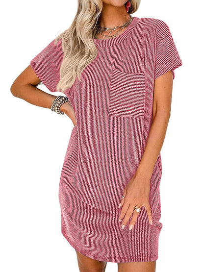 A-Line Loose Contrast Color Pockets Split-Joint Striped Round-Neck Mini Dresses