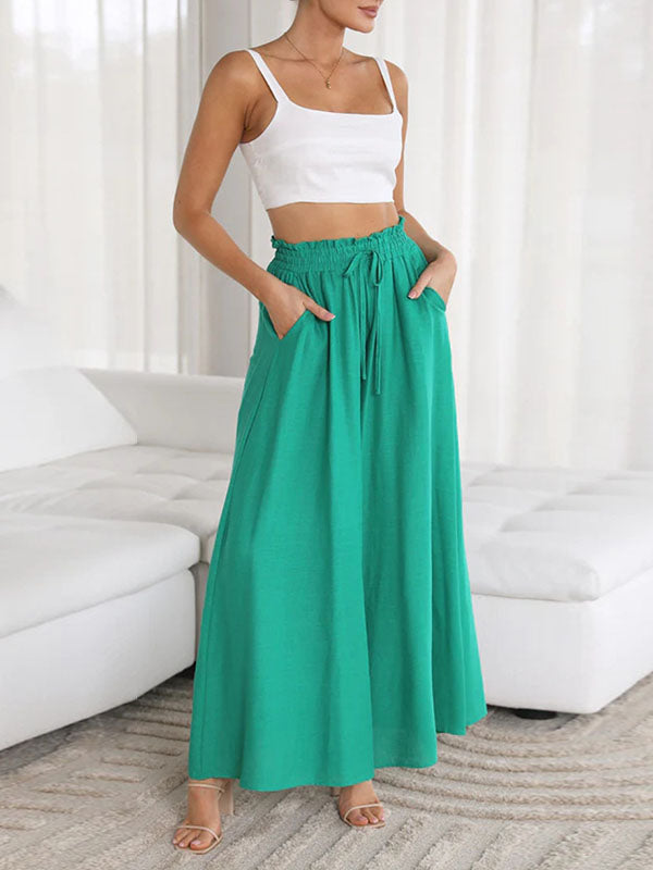 High Waisted Loose Drawstring Elasticity Pockets Solid Color Pants Trousers GREEN