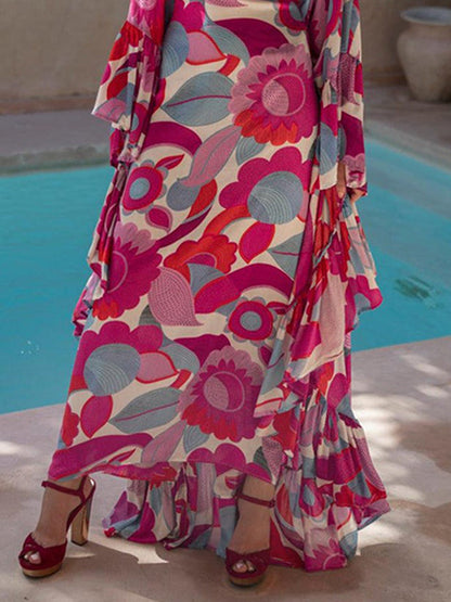Batwing Sleeves Loose Flower Print Pleated Split-Joint Round-Neck Maxi Dresses