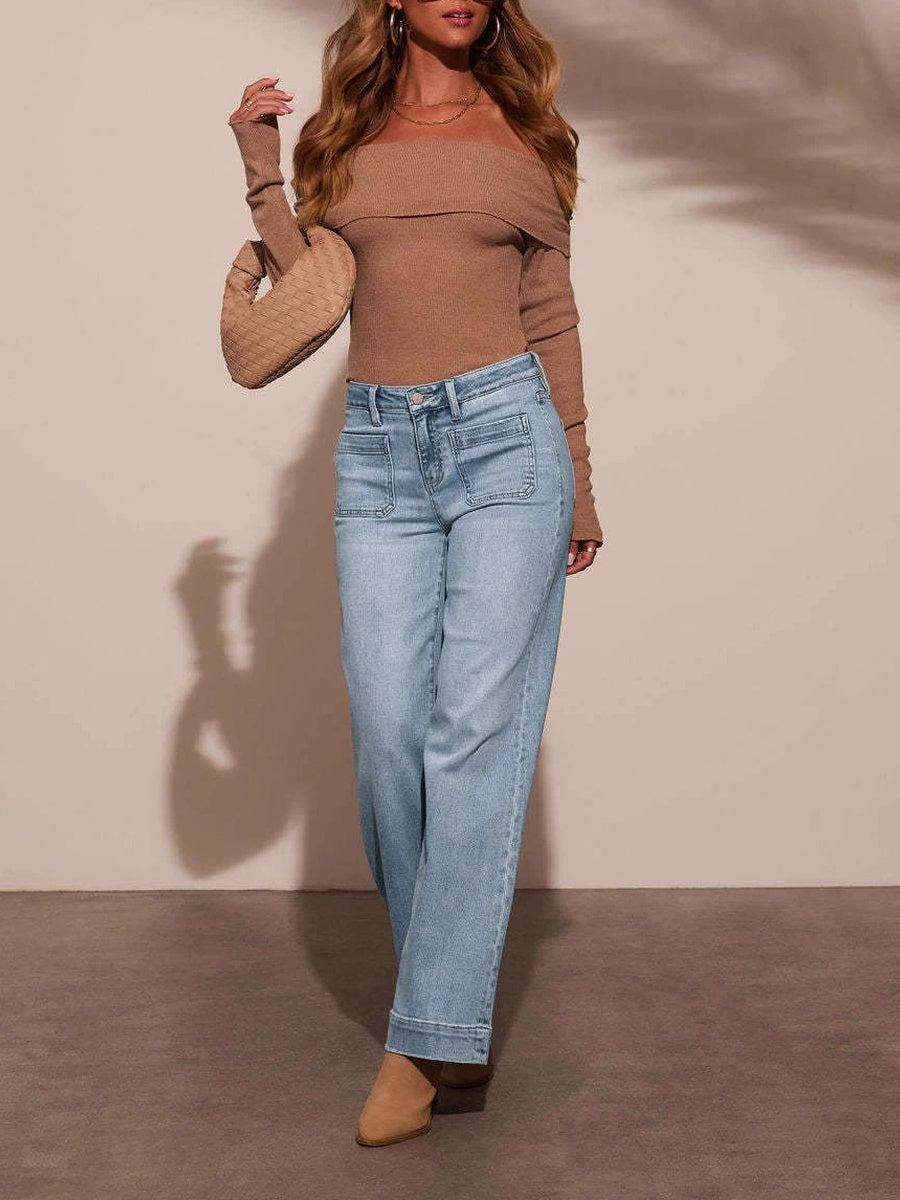 Solid Color Pockets High Waisted Column Trousers Jean Pants Bottoms