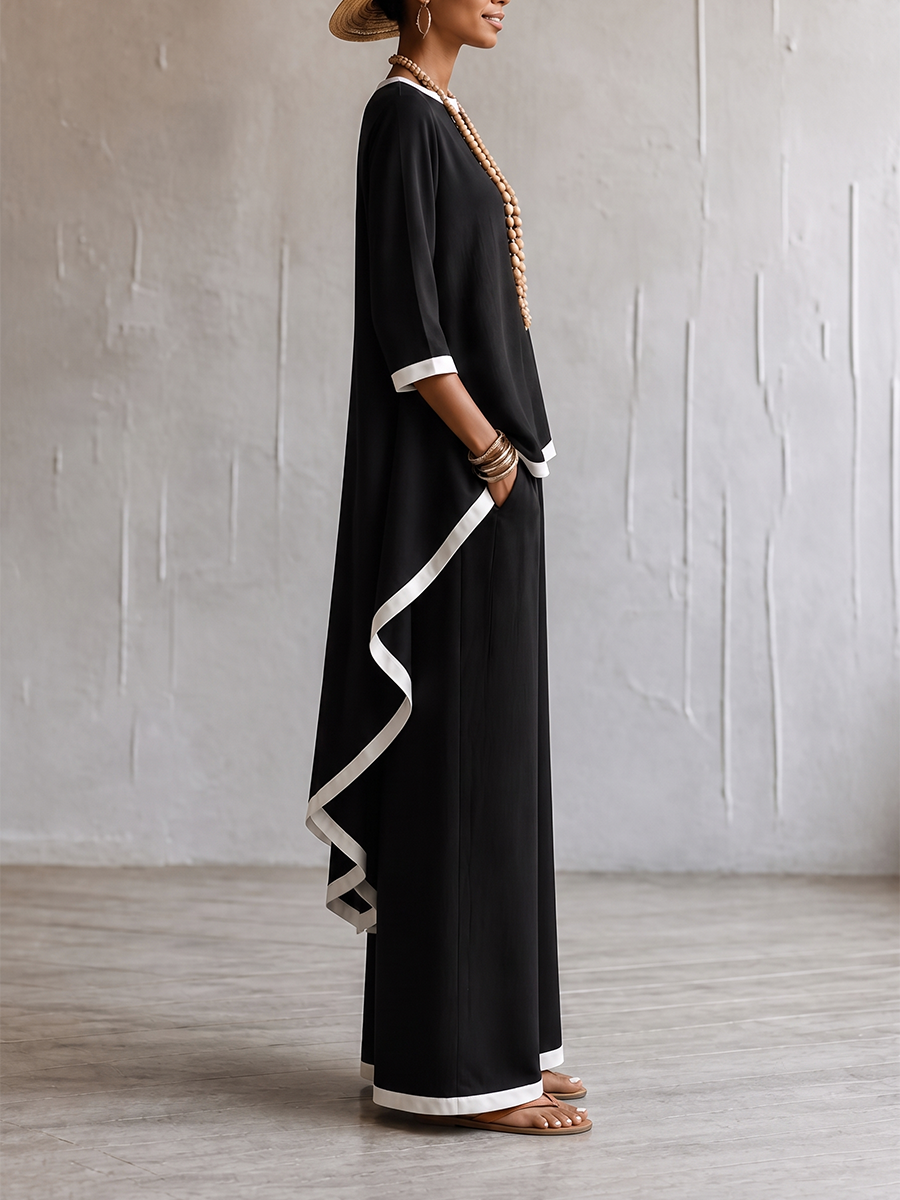Loose Contrast Color Split-Joint Round-neck High-low Asymmetric Blouses&shirts Tops + Pockets Pants Trousers Two Pieces Set