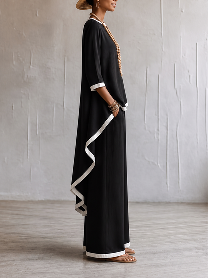 Loose Contrast Color Split-Joint Round-neck High-low Asymmetric Blouses&shirts Tops + Pockets Pants Trousers Two Pieces Set
