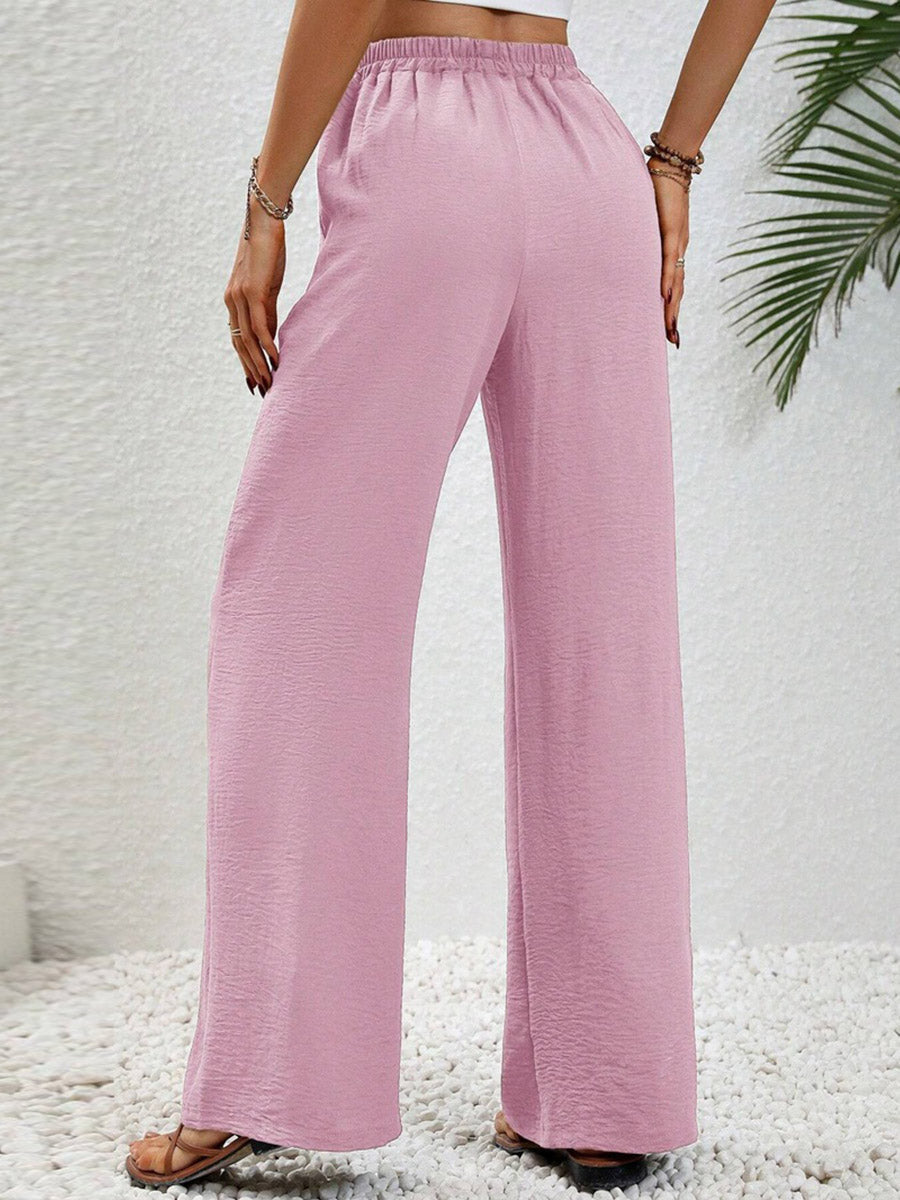 High Waisted Loose Elasticity Pleated Solid Color Tied Waist Pants Trousers