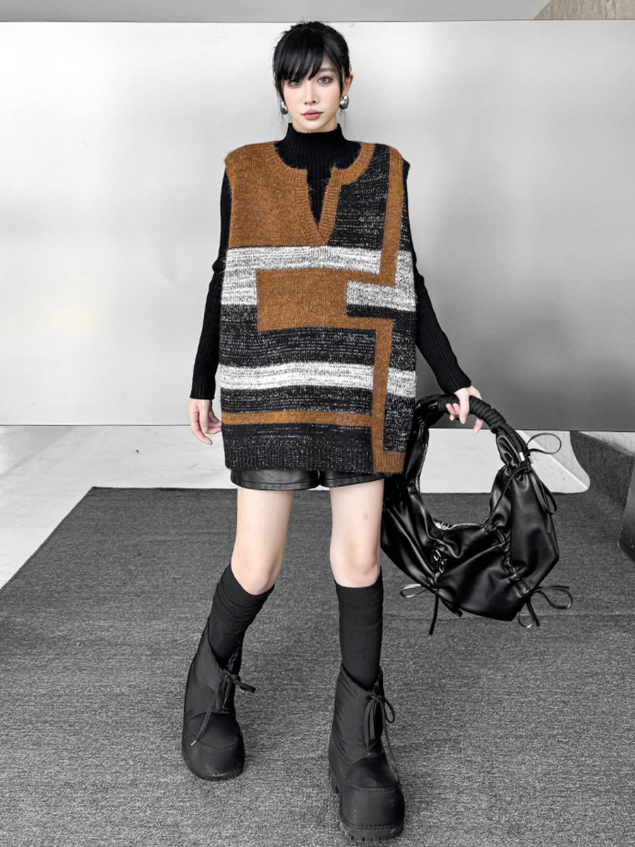 Loose Sleeveless Contrast Color Geometric Split-Joint Striped V-Neck Outerwear Vest Top
