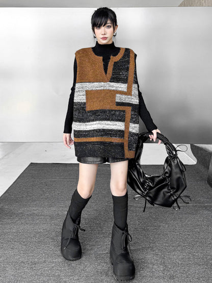 Loose Sleeveless Contrast Color Geometric Split-Joint Striped V-Neck Outerwear Vest Top