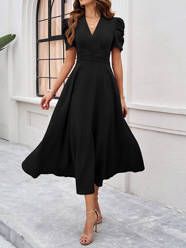 A-Line High Waisted Pleated Solid Color Zipper V-Neck Maxi Dresses