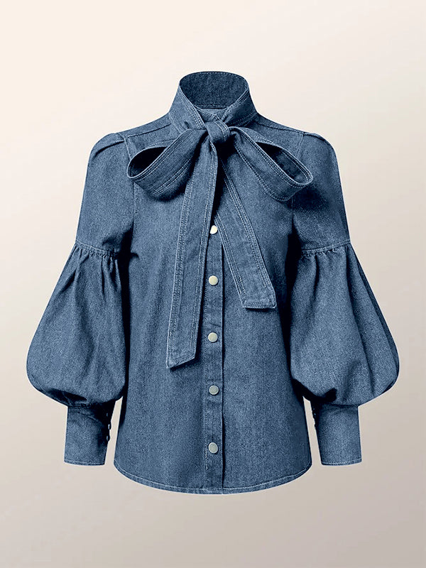 Tied Split-Joint Buttoned Bow-Embellished Puff Sleeves Long Sleeves High Neck Blouses&shirts Tops