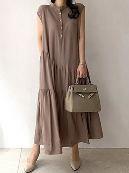 A-Line Loose Buttoned Pleated Ruffled Solid Color Split-Joint Tiered Stand Collar Midi Dresses