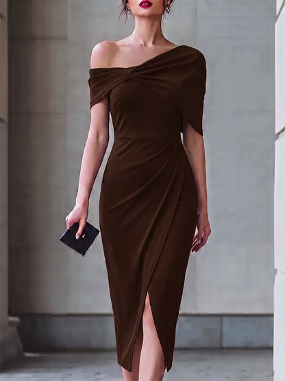 Split-front Solid Color Backless Short Sleeves Plus Size One-shoulder Midi Dresses