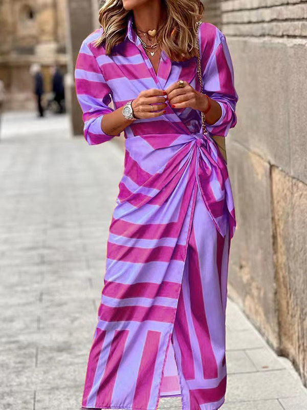 High Waisted Long Sleeves Asymmetric Knot Printed Striped Lapel Maxi Dresses