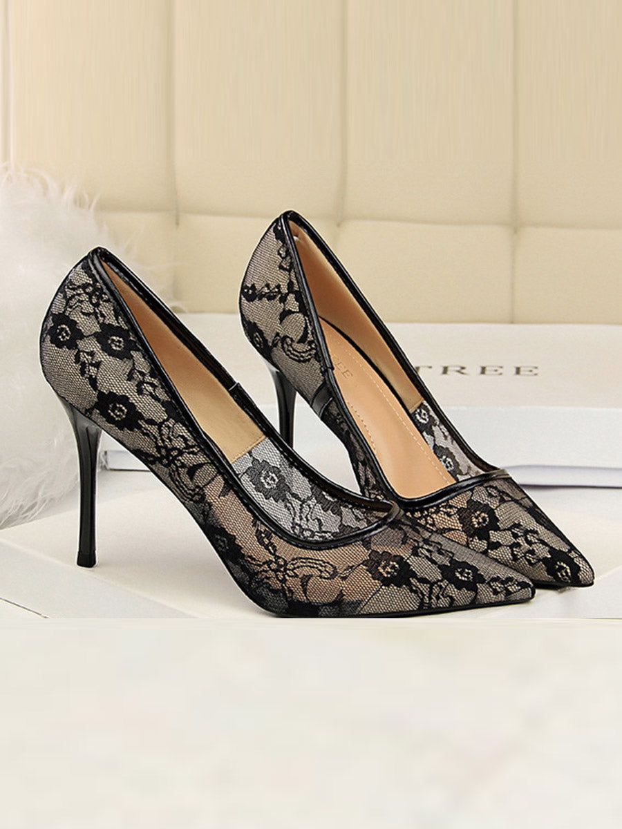 Flower Print Hollow Pointed-Toe Split-Joint Pumps