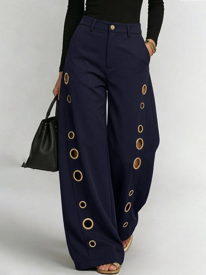 High Waisted Wide Leg Buttoned Hollow Pockets Solid Color Split-Joint Pants Trousers