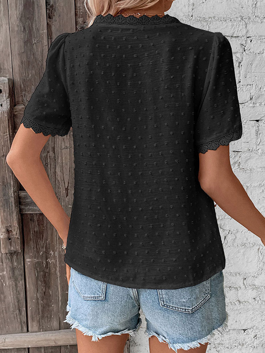 Loose Short Sleeves Jacquard Solid Color Split-Joint Textured V-Neck T-Shirts Tops