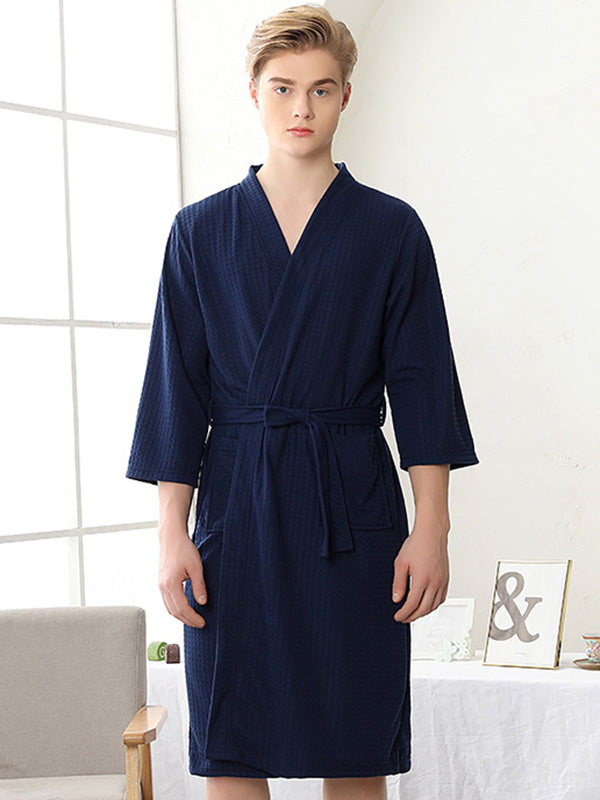 Comfortable Solid Bandage Thin Pajama Robe NAVY BLUE Men