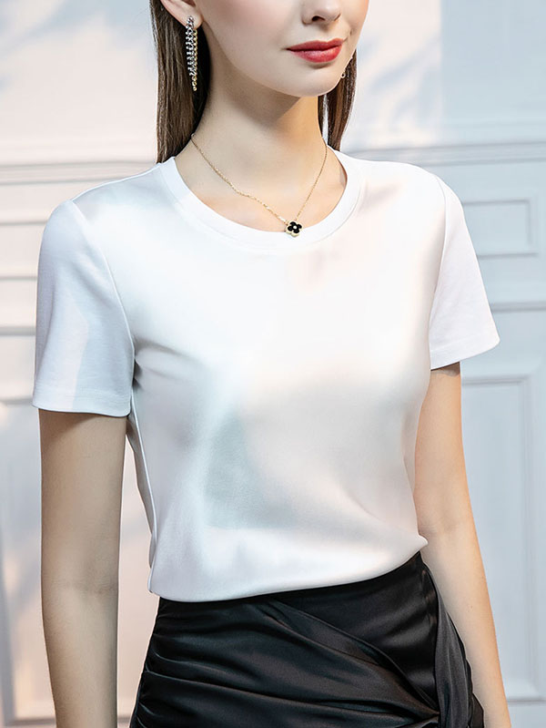 Short Sleeves Solid Color Round-Neck T-Shirts Tops WHITE
