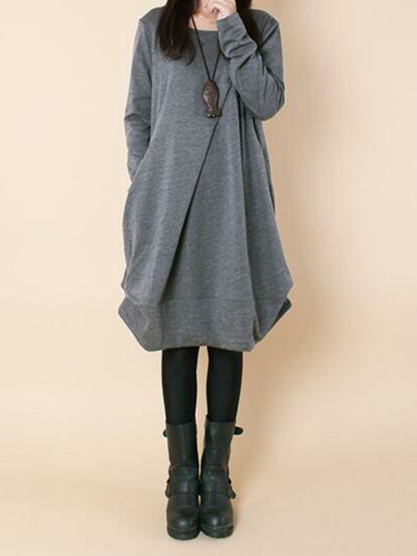 A-line Long Sleeves Pleated Solid Color Round-neck Dresses Maxi Dresses GRAY
