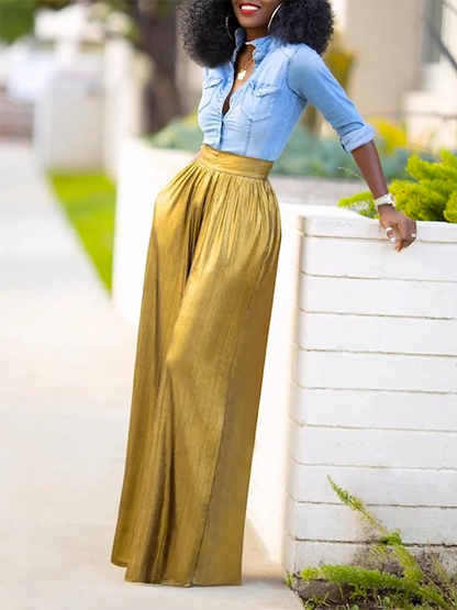 Loose Wide Leg Shiny Solid Color Casual Pants Bottoms Trousers