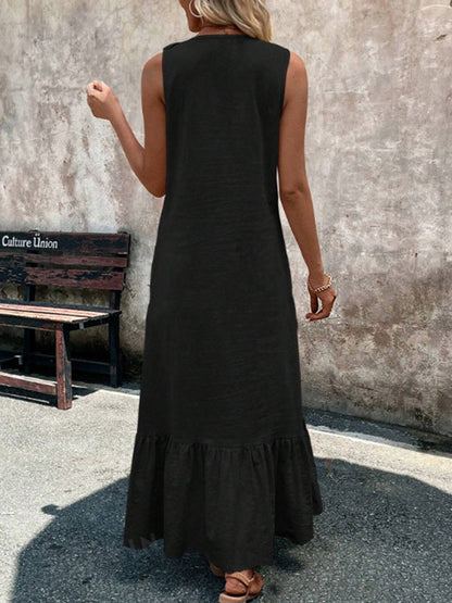 A-Line Loose Pleated Ruffle Trim Solid Color V-Neck Maxi Dresses