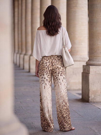 Pockets Leopard Gradient Elasticity Wide Leg Loose Wide Leg Pants Trousers