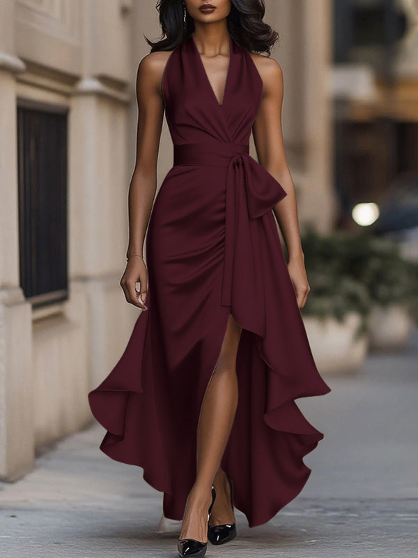 High-Low Loose Ruffle Trim Solid Color Tied Waist V-Neck Maxi Dresses