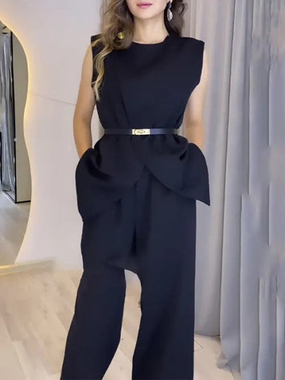 Loose Sleeveless Split-Front Split-Joint Round-Neck Vest Top