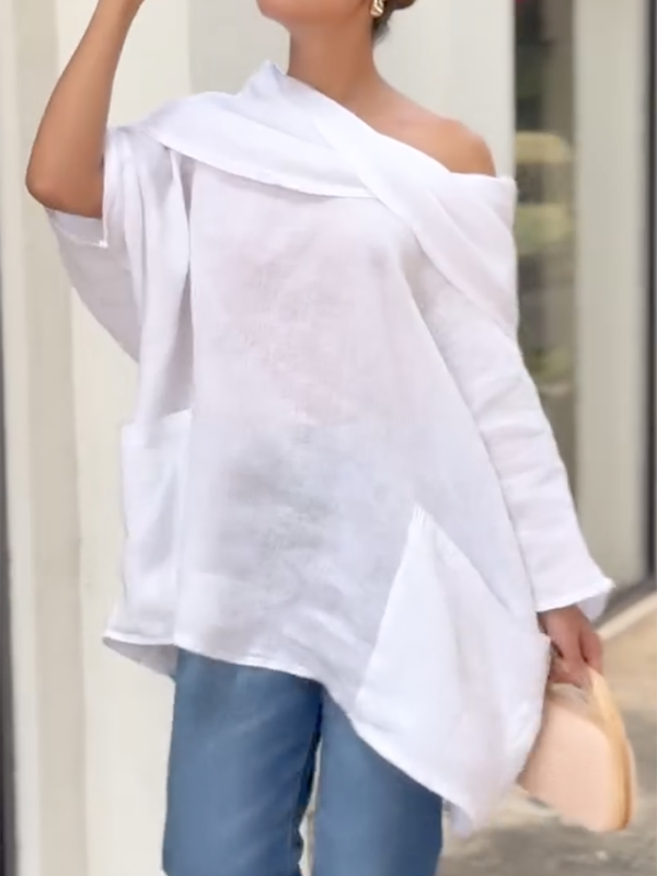 Long Sleeves Loose Asymmetric Pockets See-Through Solid Color Blouses&shirts Tops