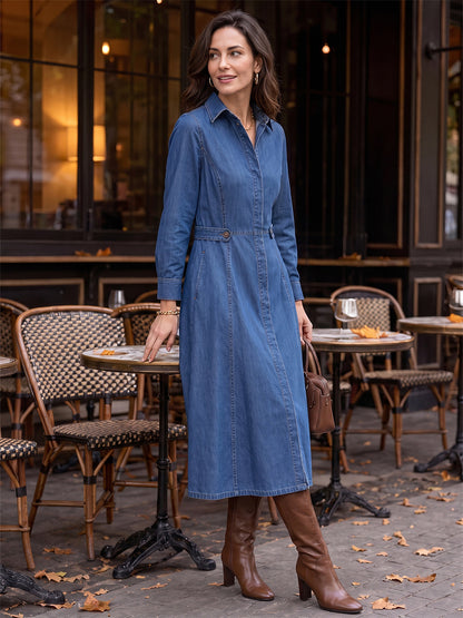 Split-Joint Solid Color Pockets Buttoned Long Sleeves High Waisted Lapel Midi Dresses