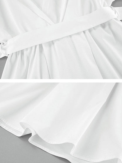 Long Sleeves Loose Pleated Solid Color Split-Joint Tied Waist V-Neck Mini Dresses Shirt Dress