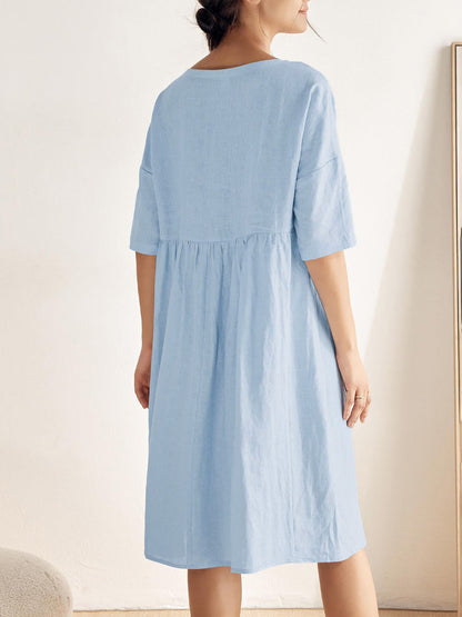 Half Sleeves Loose Pleated Pockets Solid Color Round-Neck Midi Dresses
