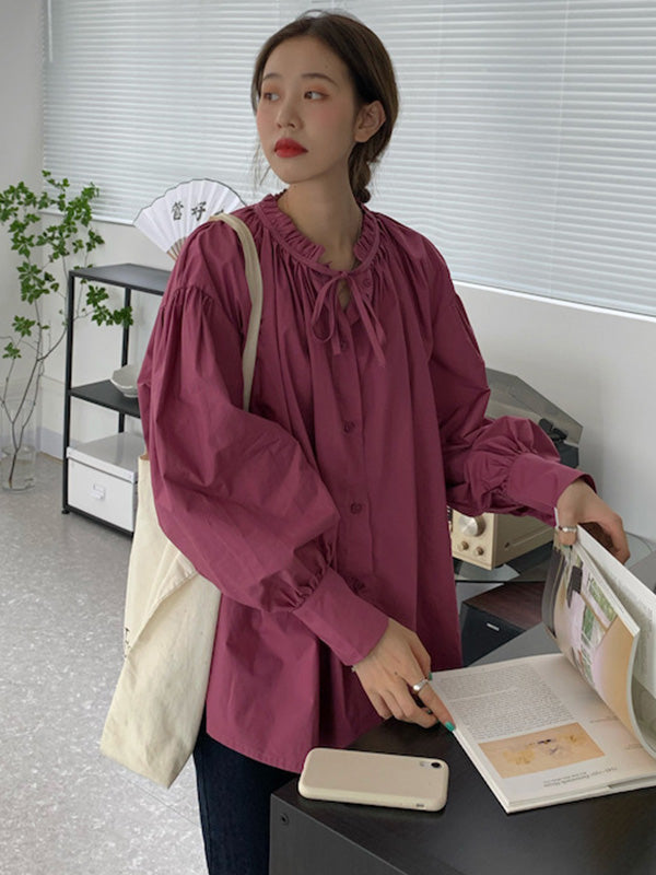 Urban Loose Puffärmel Agaric Laces Falbala Einfarbige Blusen 