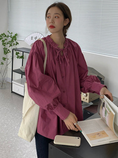 Urban Loose Puffärmel Agaric Laces Falbala Einfarbige Blusen 