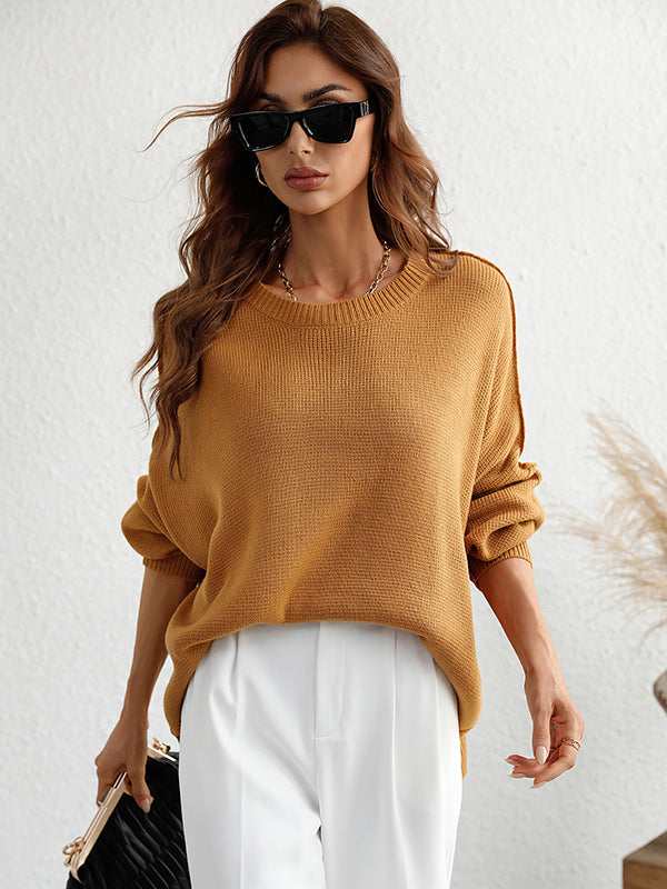 Casual Long Sleeves Loose Split-Side Solid Color Round-Neck Sweater Tops