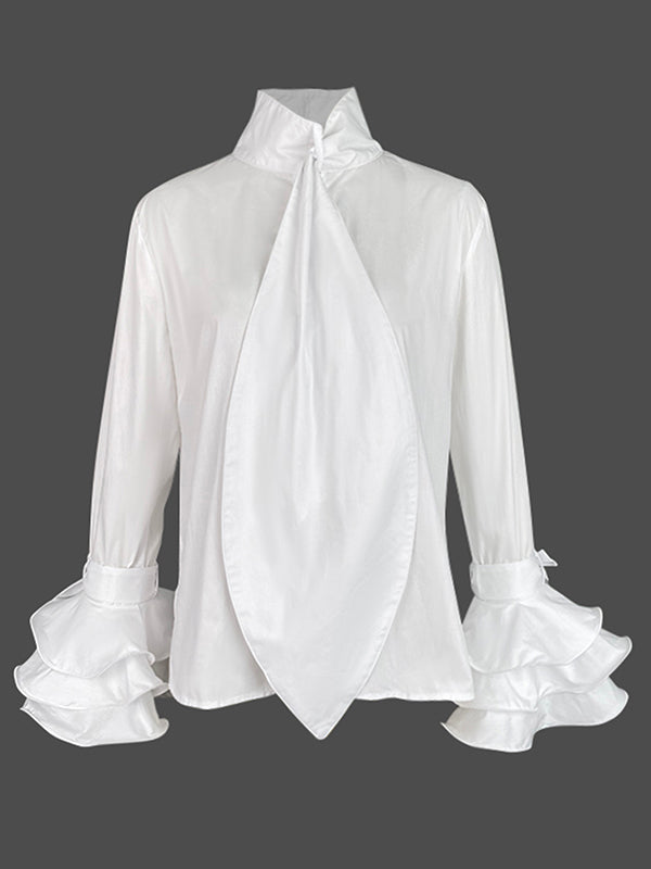 Flared Sleeves Long Sleeves Buttoned Falbala Solid Color Stand Collar Blouses&Shirts Tops