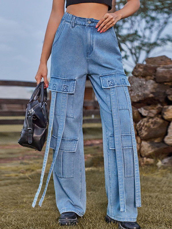 Loose Straight Leg High-Waisted Pockets Split-Joint Streamer Jean Pants Bottoms