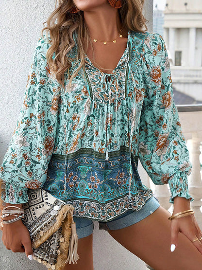 Long Sleeves Loose Contrast Color Drawstring Flower Print Pleated Split-Joint V-Neck Blouses&Shirts Tops